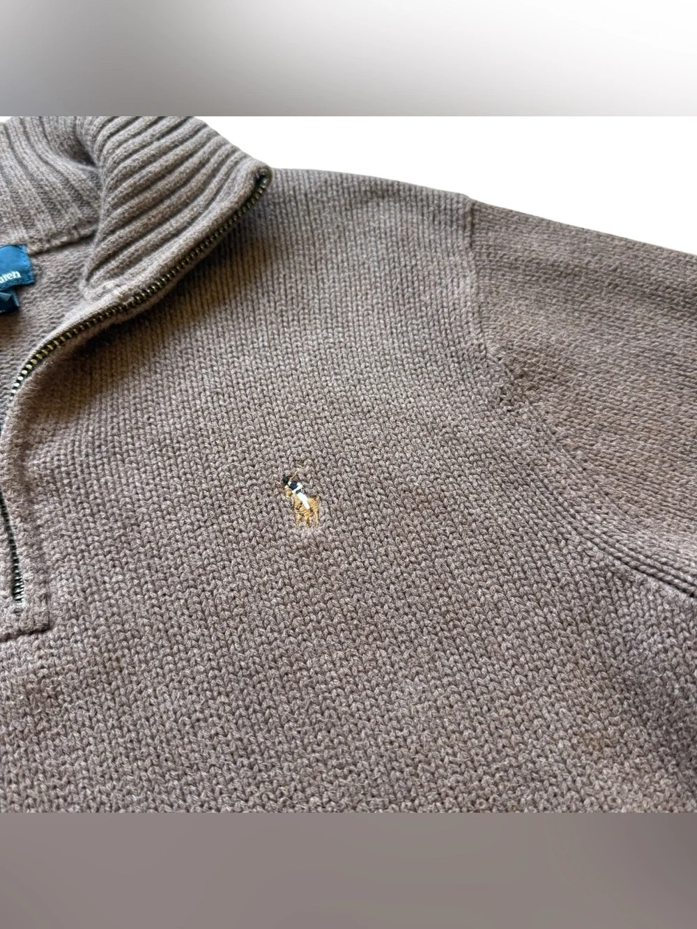 Polo Ralph Lauren Brown Cotton Quarter Zip Sweater L 16/18 Preppy Equestrian Boy